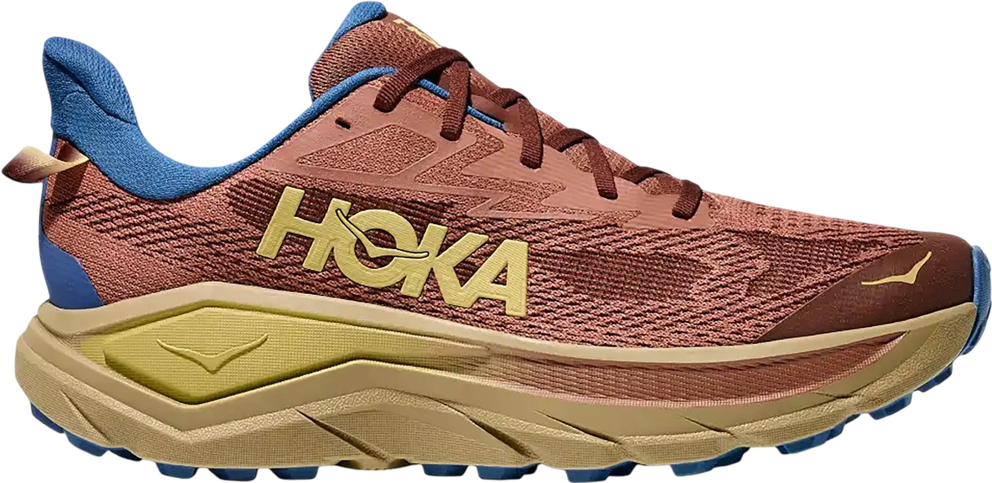 Men's HOKA Challenger 8 shoes in a maple and cardamom colorway, featuring a breathable mesh upper, cushioned sole, and bold HOKA branding in gold.