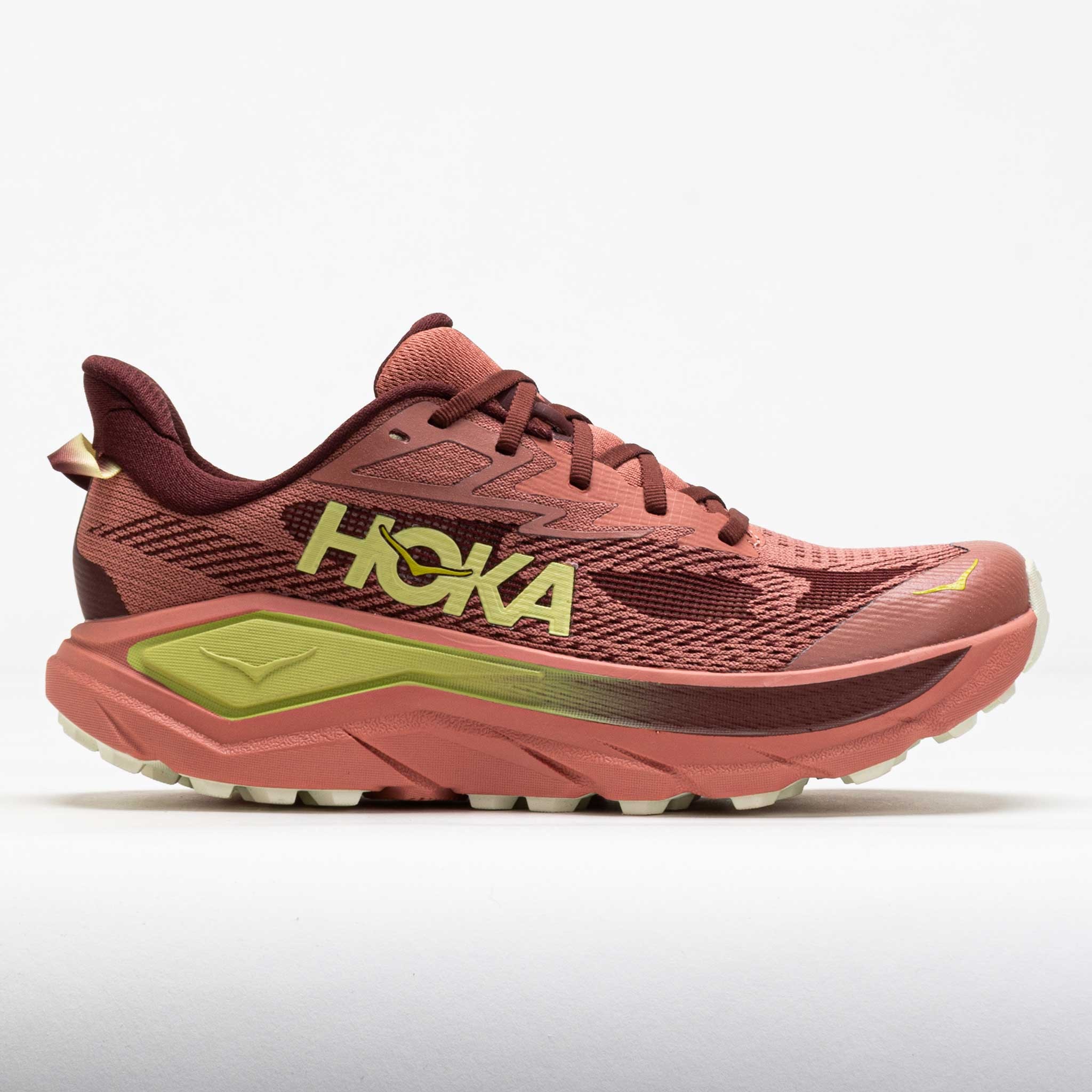 HOKA Women's Challenger 8 Shoes in Blush and Dark Cedar, featuring a breathable mesh upper, cushioned sole, and distinctive HOKA logo, size 8.5.