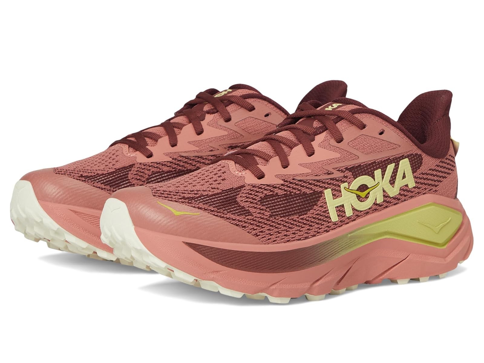 HOKA Women's Challenger 8 Shoes in Blush and Dark Cedar, featuring a breathable mesh upper, cushioning midsole, and rugged outsole, size 10.5.