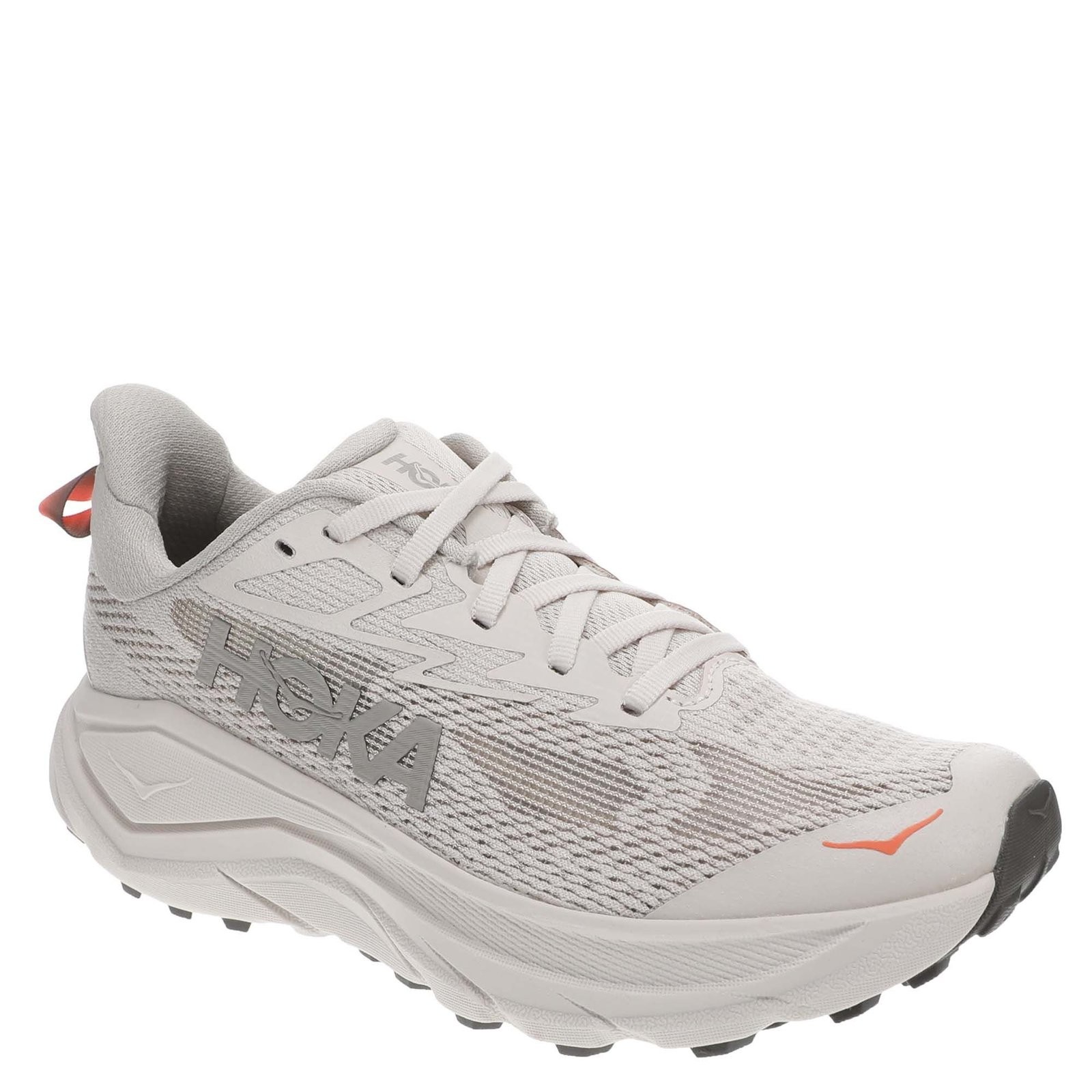 Light grey women's HOKA Challenger 8 shoes featuring a breathable mesh upper, cushioned sole, and subtle orange accents on the heel and logo.