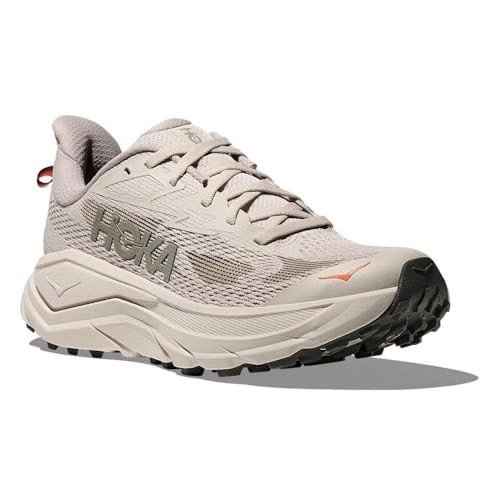 Women's HOKA Challenger Shoes in Stucco and Asphalt Grey feature a lightweight mesh upper, cushioned sole, and rugged outsole for enhanced traction.