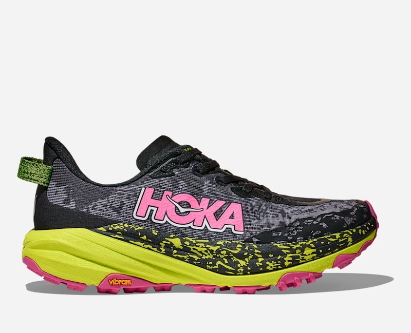 HOKA Women's Speedgoat 6 Trail Shoes feature a black upper with neon Hoka Citrus accents, a cushioned sole, and a vibrant pink outsole, size 8.