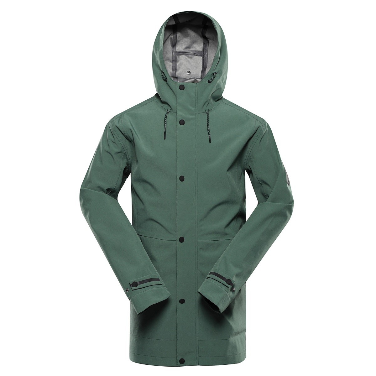 Hooded coat in dark green with a waterproof exterior, featuring a front zipper, snap buttons, adjustable cuffs, and a drawstring hood, ideal for outdoor activities.