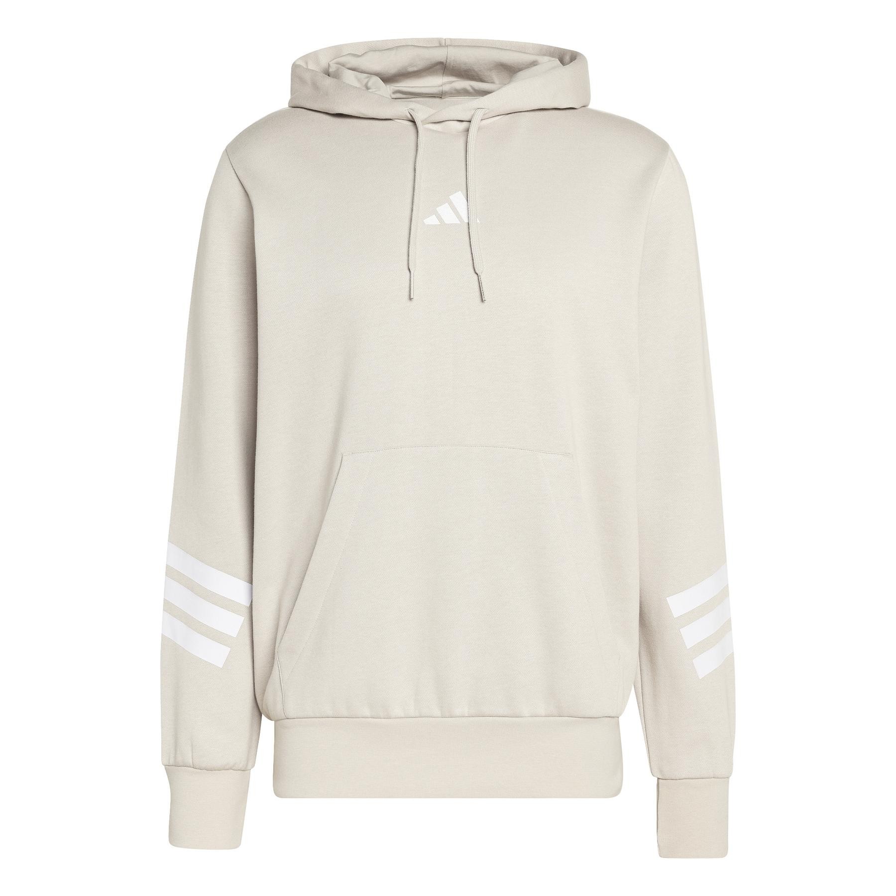 Light beige hooded sweatshirt featuring the Adidas 3-Stripes logo in white on the sleeves and a front kangaroo pocket, made from soft, comfortable material.