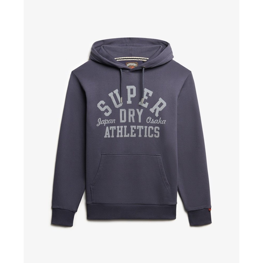 Dark grey hooded sweatshirt with a front kangaroo pocket, featuring white "SUPER DRY" and "ATHLETICS" text, made from soft cotton blend material.