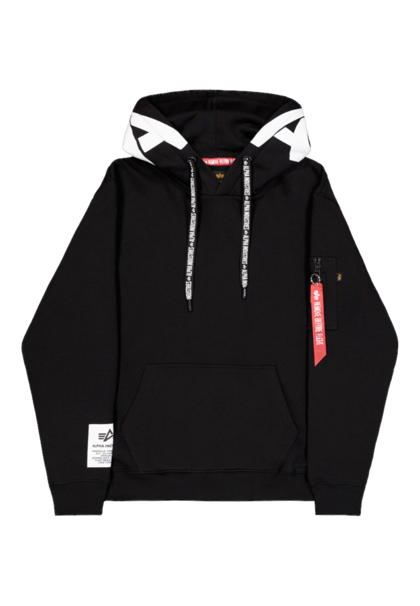 Black hoodie by Alpha Industries featuring a drawstring hood, contrasting white logo on the hood, a zippered pocket on the sleeve, and a red tag on the front.