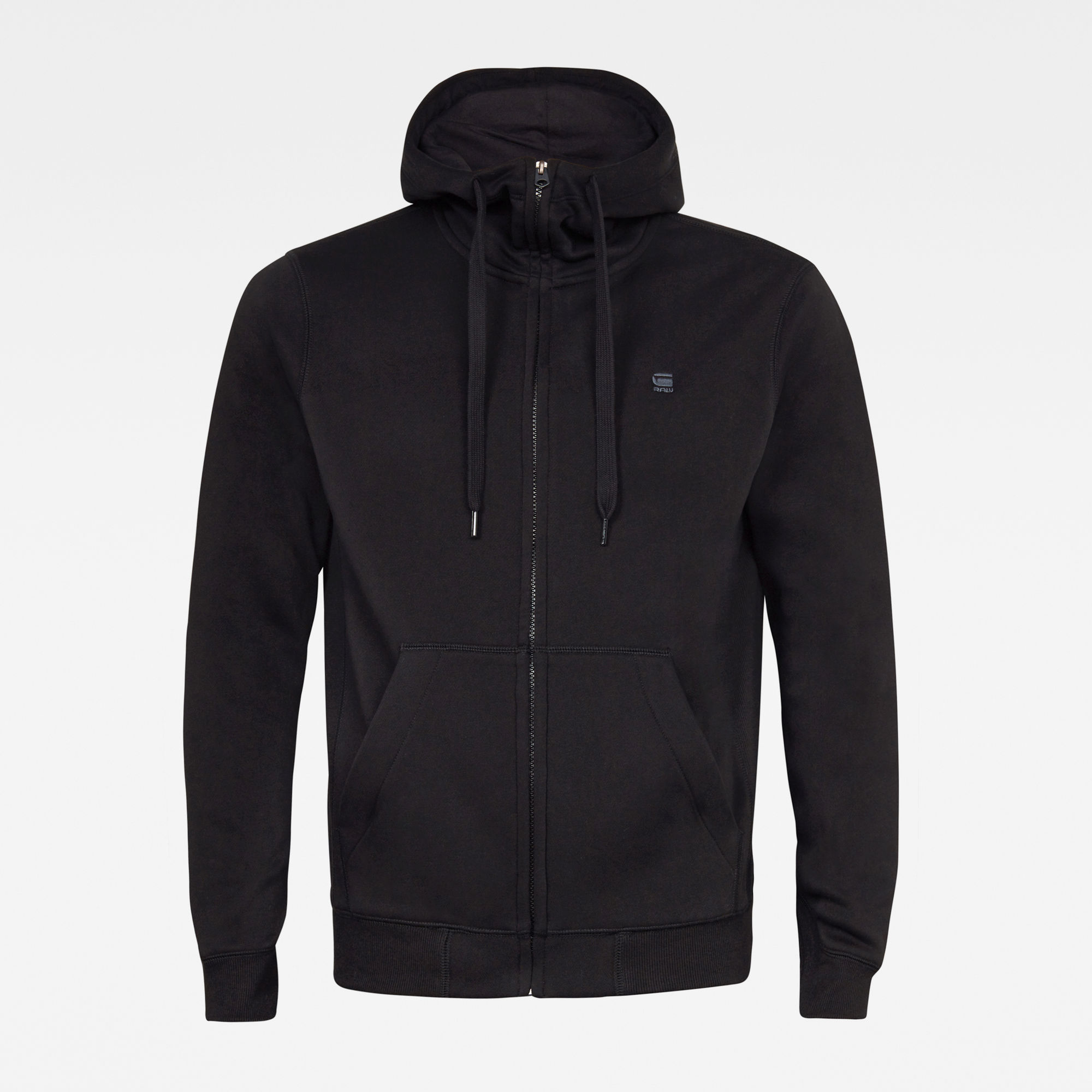Black G-Star Premium Basic Zip hoodie featuring a front zipper, drawstring hood, and two side pockets, crafted from soft, comfortable material.