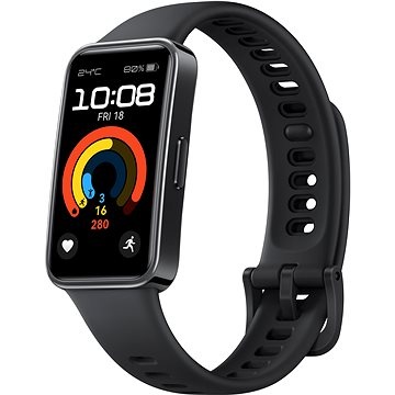 Black Huawei Band 9 activity tracker with a 1.47" AMOLED display, featuring a rectangular screen, heart rate monitor, and adjustable silicone strap.