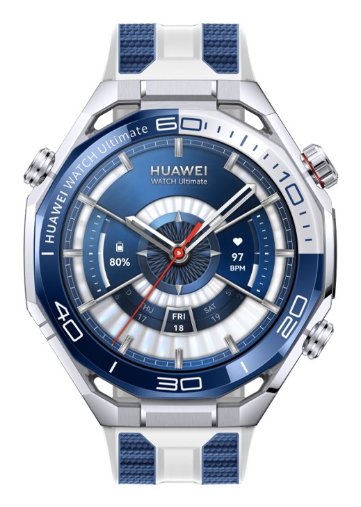 Huawei Ultimate 2 smartwatch features a blue and silver design, 1.5" LTPO display with 466 x 466 pixels, GPS, and fitness tracking indicators on the dial.