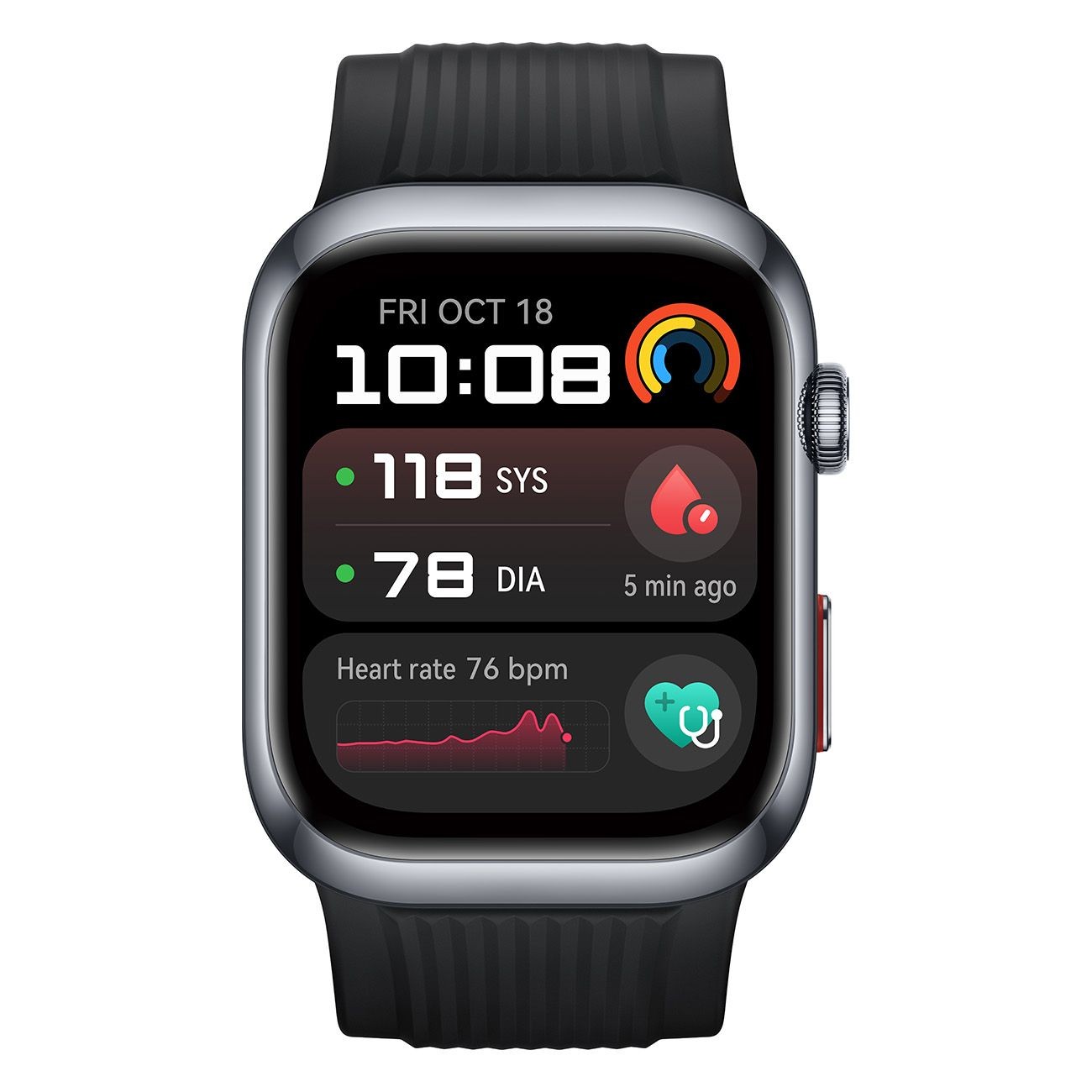 Huawei Watch D2 features a 1.82" AMOLED touchscreen with a resolution of 480 x 408 pixels, housed in a sleek aluminum case with a black rubber strap.