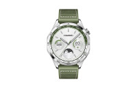 Huawei HUAWEI Watch GT 4 features a 46mm silver stainless steel case, a green leather strap, and a white dial with digital displays for fitness tracking and time.