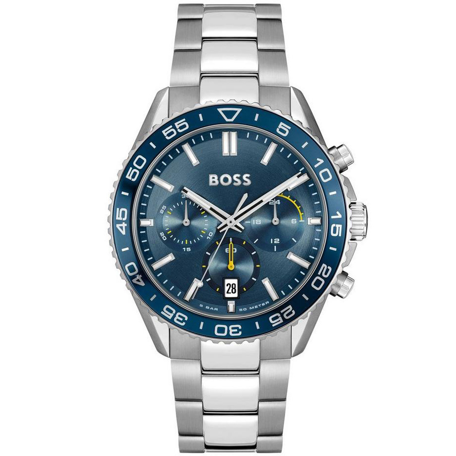Blue chronograph watch by Hugo Boss features a stainless steel bracelet, a blue bezel, and a sleek blue dial with silver hour markers and three subdials.
