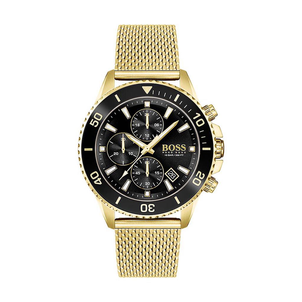 Gold-tone Hugo Boss Admiral watch with a black dial, chronograph features, and a mesh bracelet, showcasing bold hour markers and a date display at 4 o'clock.