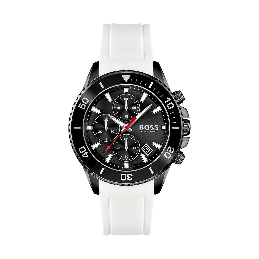 Black chronograph men's watch with a textured black dial, white silicone strap, silver-tone accents, and red detailing on the hands and sub-dials.
