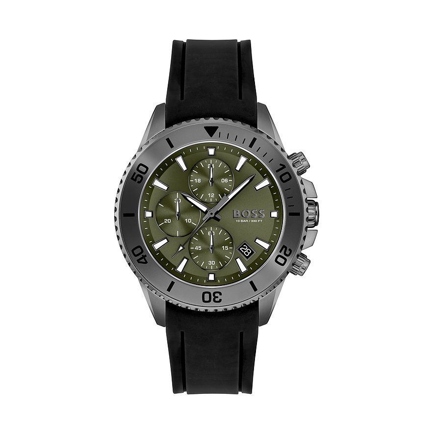 Men's Hugo Boss Admiral chronograph watch featuring a 46mm green dial, black silicone strap, silver-tone bezel, and three sub-dials with date display.
