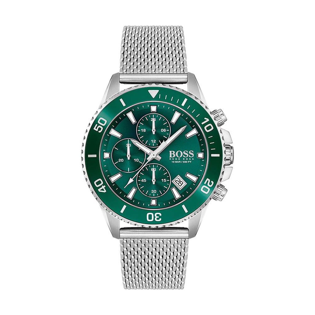 Green chronograph watch by Hugo Boss featuring a silver mesh strap, bold hour markers, and a sporty design with three sub-dials and a rotating bezel.