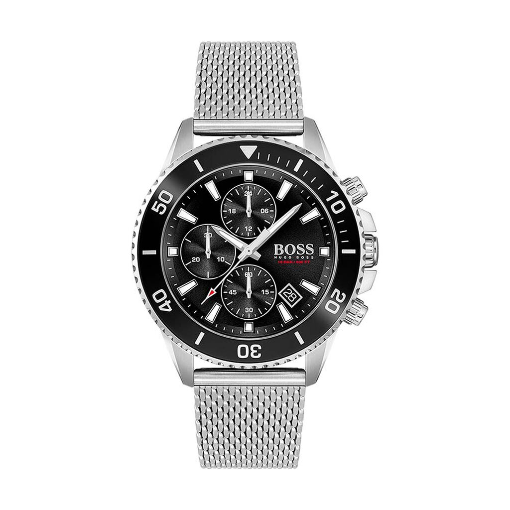 Hugo Boss Admiral 1513904 men's chronograph watch features a 46mm black dial, silver mesh bracelet, and detailed sub-dials with luminous accents and a date display.