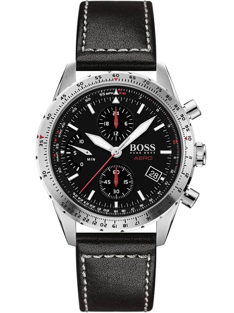 Men's Hugo Boss Aero chronograph watch featuring a 44mm black dial, silver-tone case, red accents, and a black leather strap with white stitching.