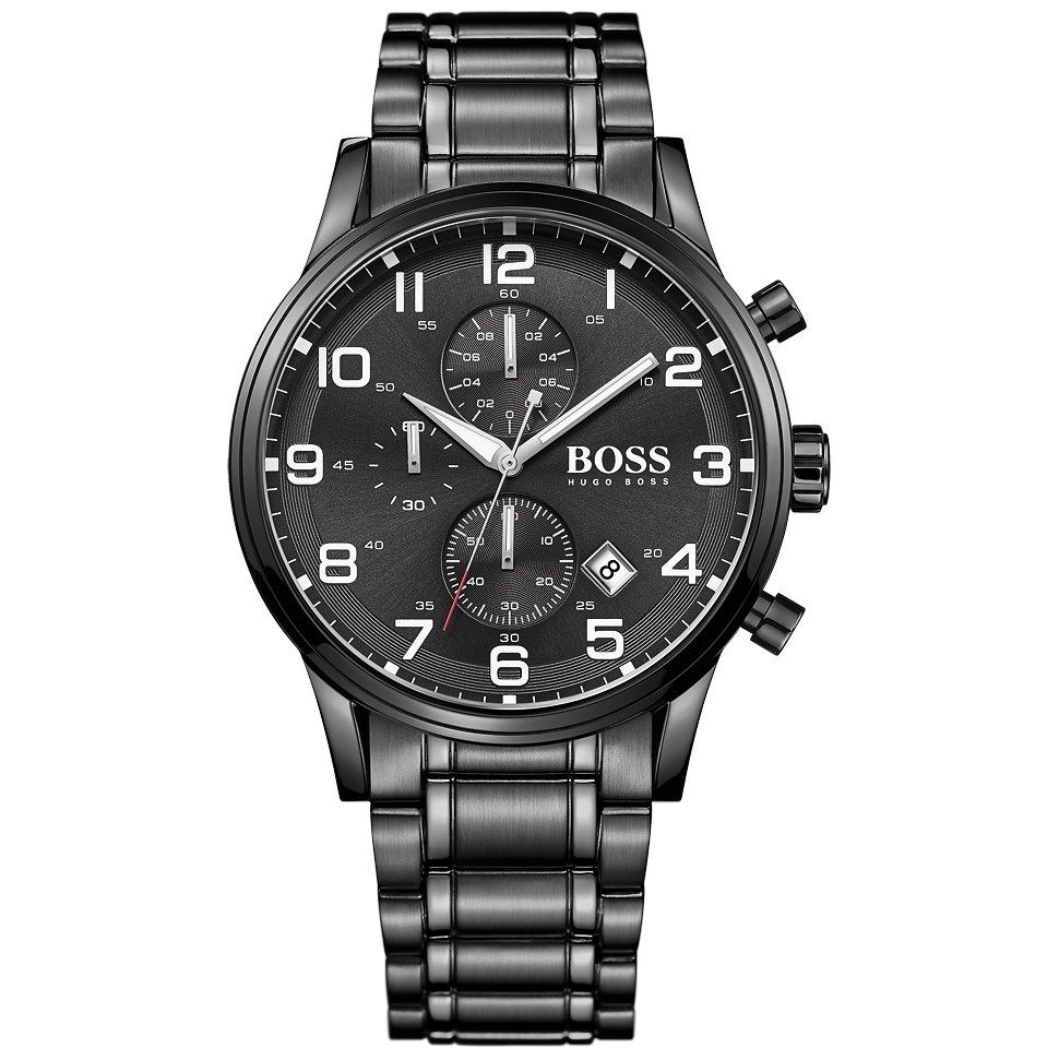 Hugo Boss Aeroliner men's chronograph watch featuring a 44mm black dial, silver-tone hour markers, sub-dials, and a sleek steel bracelet.