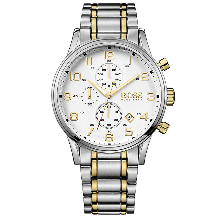Men's Hugo Boss Aeroliner chronograph watch features a 44mm white dial, gold and silver two-tone stainless steel bracelet, and three sub-dials for added functionality.