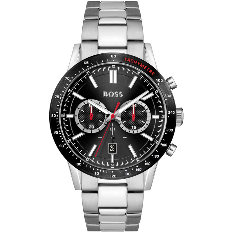 Hugo Boss Allure Chronograph men's watch featuring a black dial, silver stainless steel case, white ceramic accents, tachymetre, and dual sub-dials with red detailing.