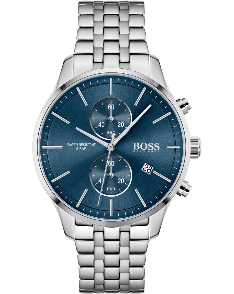 Silver stainless steel watch with a blue dial, featuring two subdials, silver hour markers, and a date display at 6 o'clock, complemented by a metal link bracelet.
