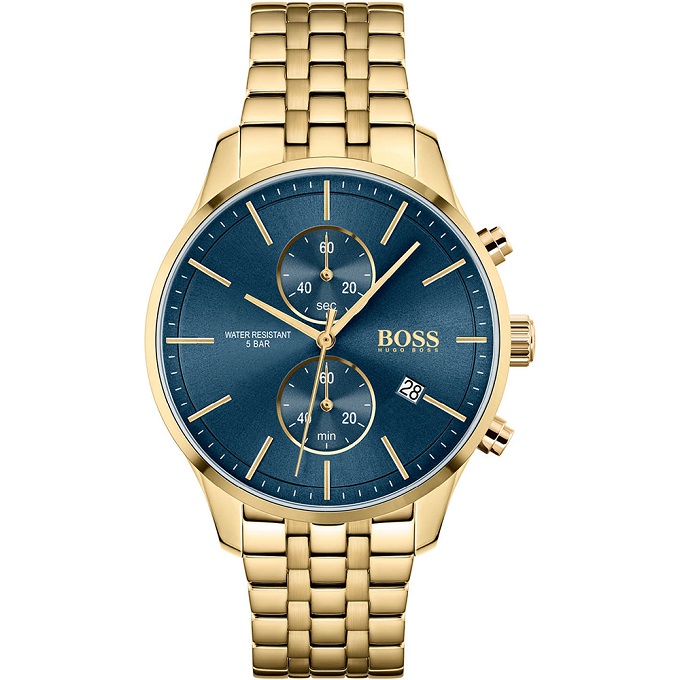 Men's Hugo Boss chronograph watch featuring a 42mm blue dial, gold-tone stainless steel bracelet, two sub-dials, and a date display at 6 o'clock, water-resistant to 5 bar.