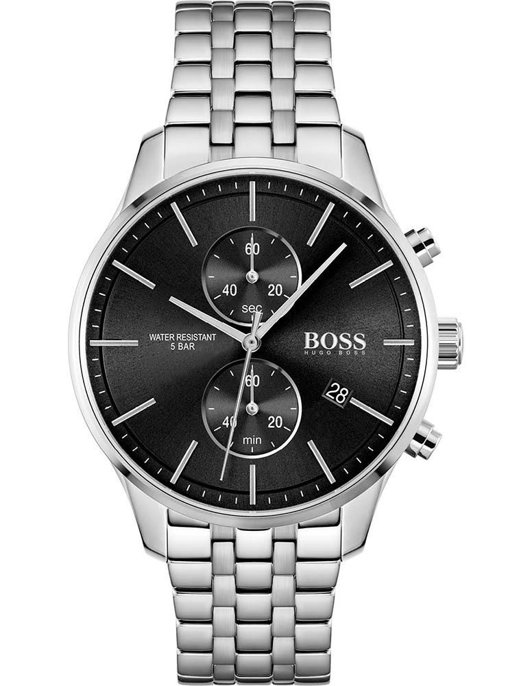 Hugo Boss men's chronograph watch features a 42mm silver bracelet, black dial with three sub-dials, date display, and water resistance up to 5 bar.