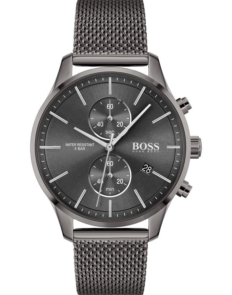 Men's Hugo Boss chronograph watch featuring a 42mm grey dial, grey mesh bracelet, three sub-dials, and water resistance up to 5 bar.