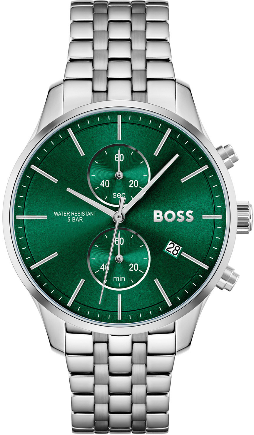 Silver stainless steel watch featuring a green dial with two sub-dials, date display, and "BOSS" logo, water-resistant up to 5 bar.