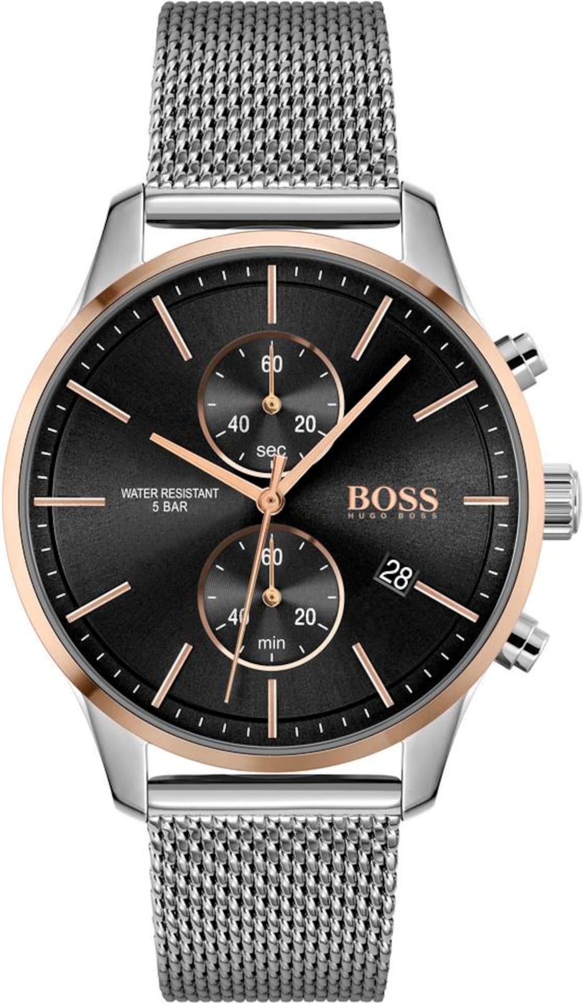Black dial analogue quartz watch with rose gold accents, featuring two sub-dials, a date display, and a stainless steel mesh strap, water-resistant up to 5 bar.