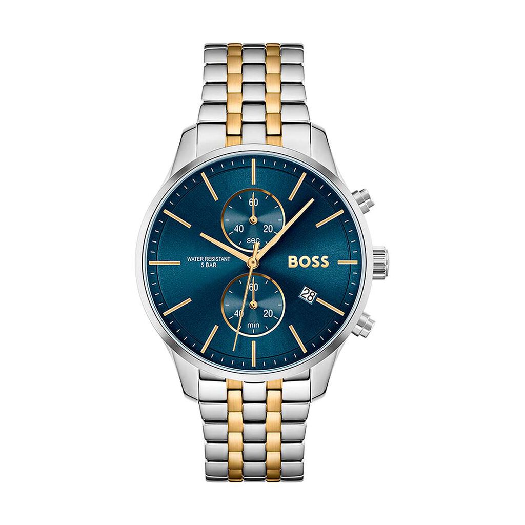 Men's Hugo Boss chronograph watch featuring a 42mm blue dial, silver and gold two-tone bracelet, three sub-dials, and a date display at the 4 o'clock position.