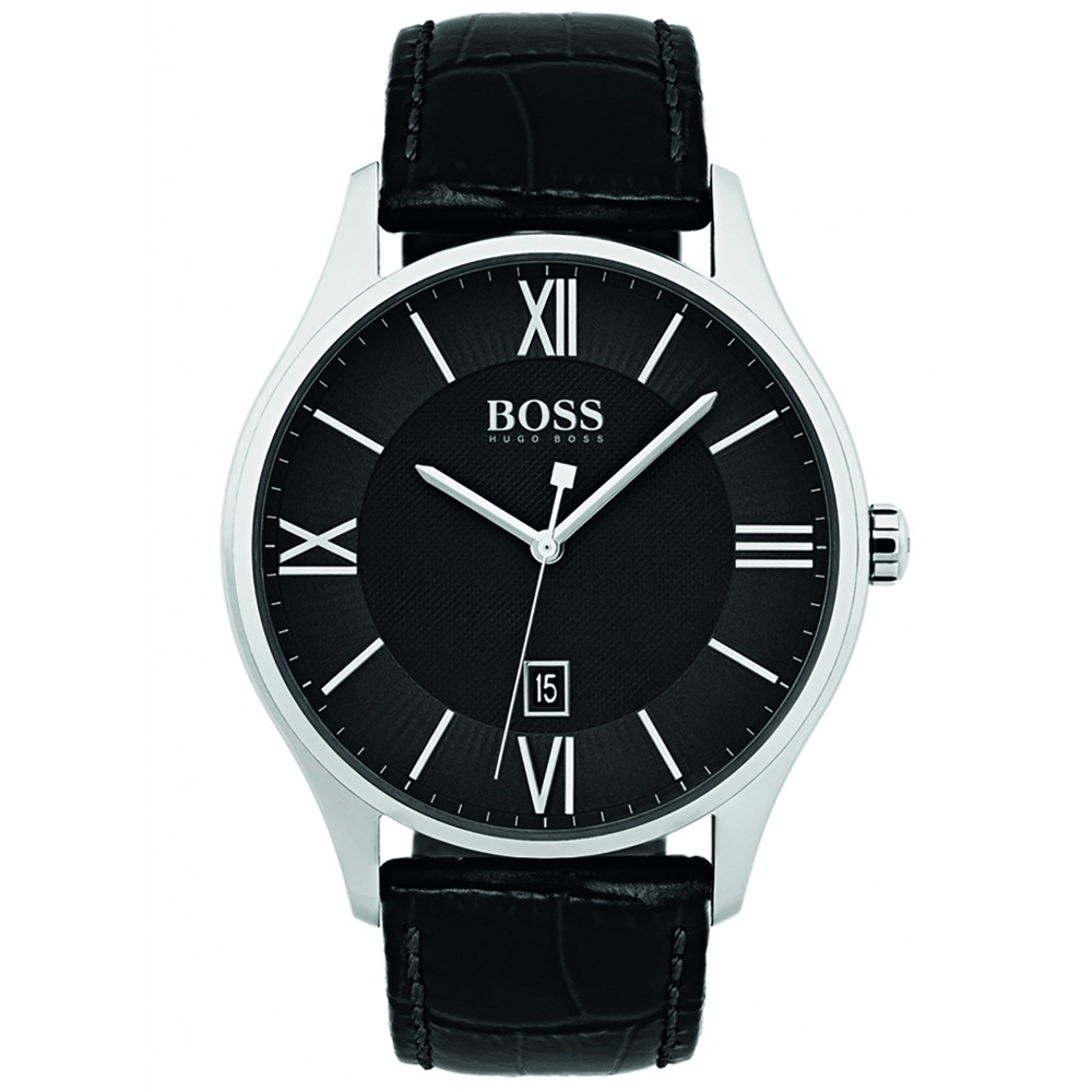 Men's Hugo Boss Attitude chronograph watch featuring a 44mm grey dial, silver-tone Roman numerals, and a grey leather strap with a textured finish.