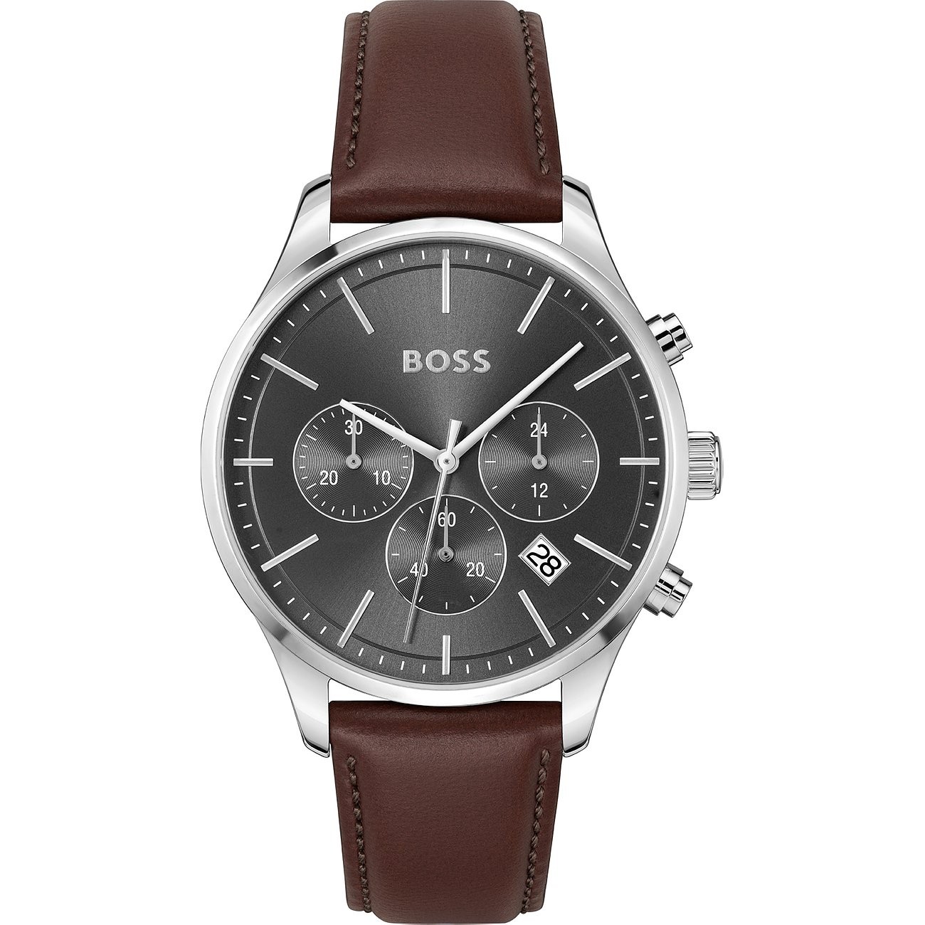 Men's Hugo Boss chronograph watch featuring a 42mm grey dial, silver-tone case, three sub-dials, date display, and a brown leather strap.