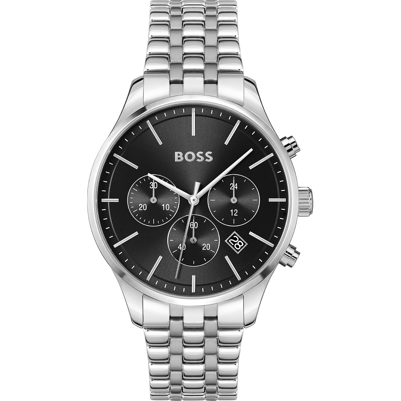 Hugo Boss Avery men's chronograph watch features a 42mm black dial, silver-tone steel bracelet, three sub-dials, and a date display at 6 o'clock.