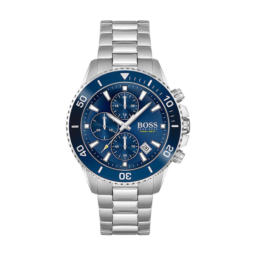 Silver stainless steel watch with a blue dial, featuring chronograph subdials, water resistance, and a polished bracelet strap, marked with the Boss logo.