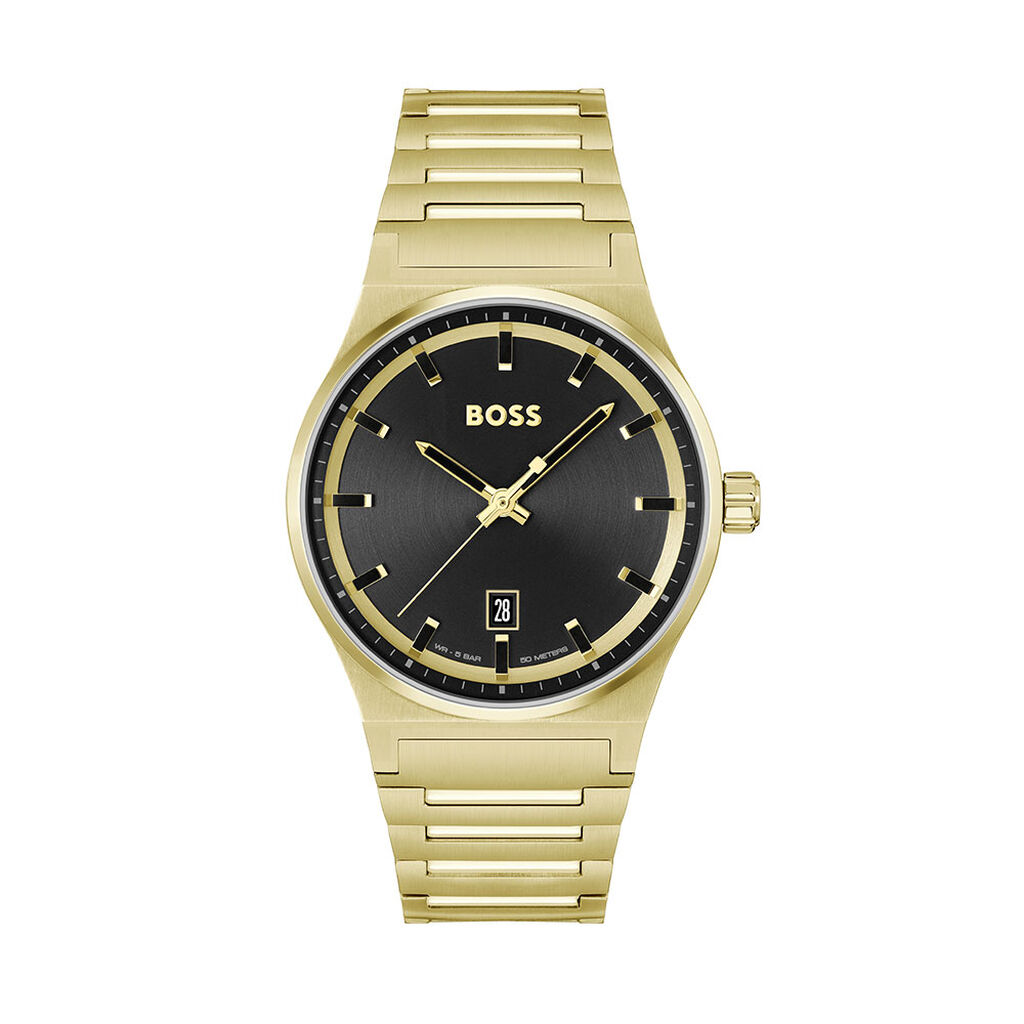 Men's Hugo Boss Candor watch featuring a 41mm black dial, gold-tone steel bracelet, and date display at 6 o'clock, combining elegance with modern design.