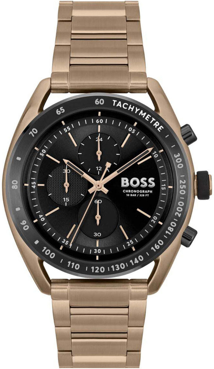 Gold-toned Hugo Boss men's chronograph watch featuring a black dial, three sub-dials, tachymetric scale, and a sleek metal bracelet. Water-resistant design for durability.