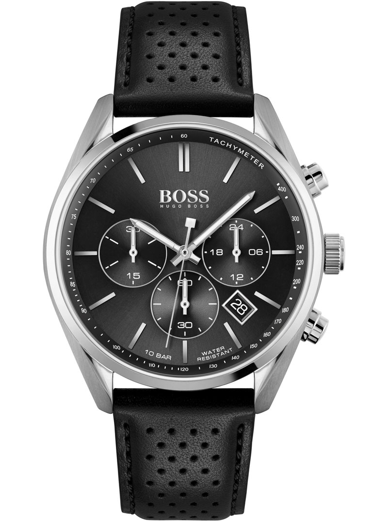 Black leather chronograph watch by Hugo Boss featuring a sleek black dial, silver-tone hands, three sub-dials, date display, tachymeter, and a stainless steel case.