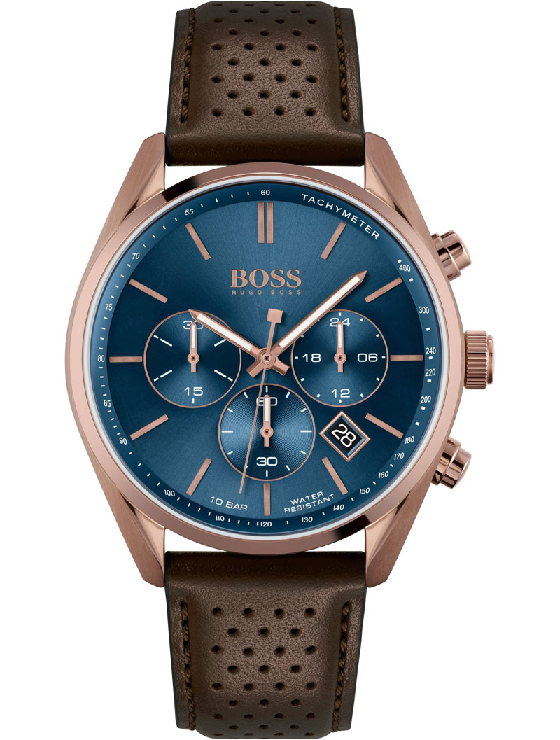 Hugo Boss men's watch featuring a blue analog dial, rose gold-tone case, three sub-dials, date display, and a brown perforated leather strap.