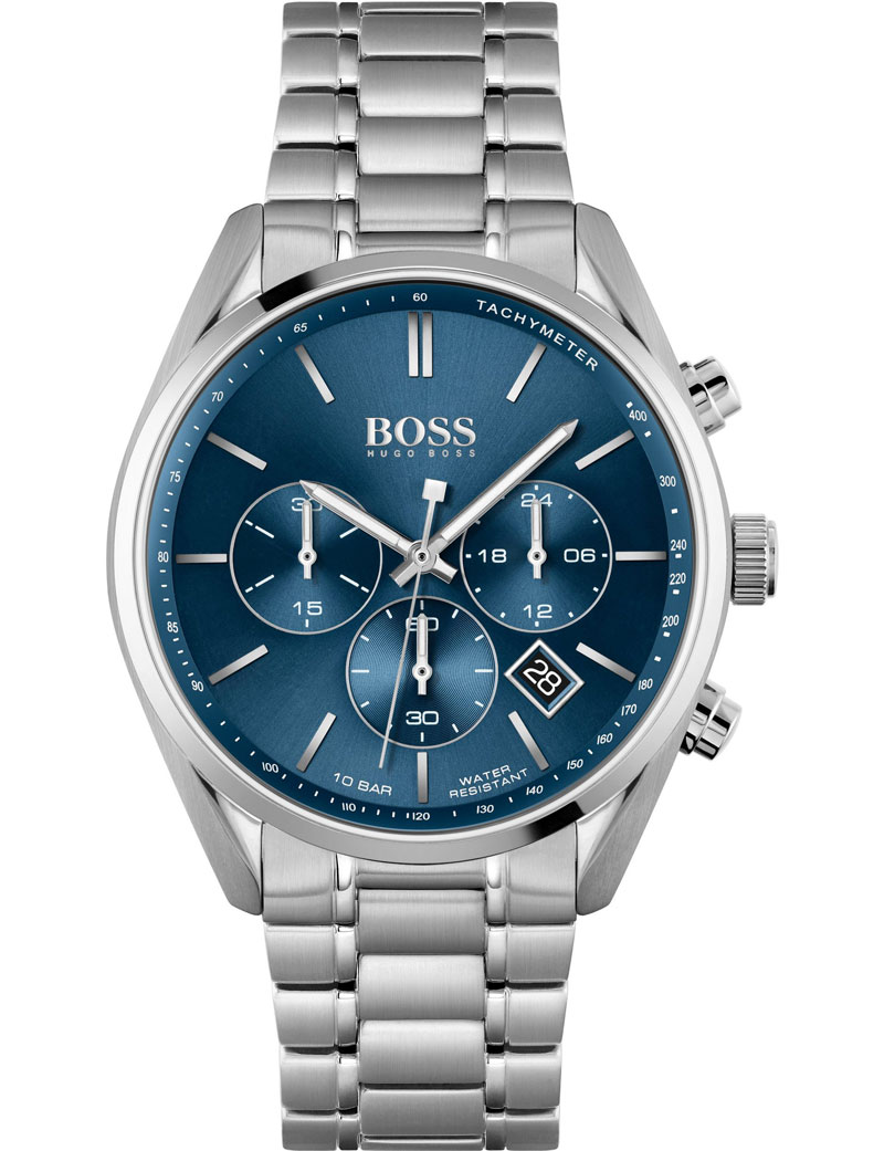 Silver stainless steel men's watch with a blue dial, three sub-dials, tachymeter, and date display, featuring a polished bracelet and a modern design.