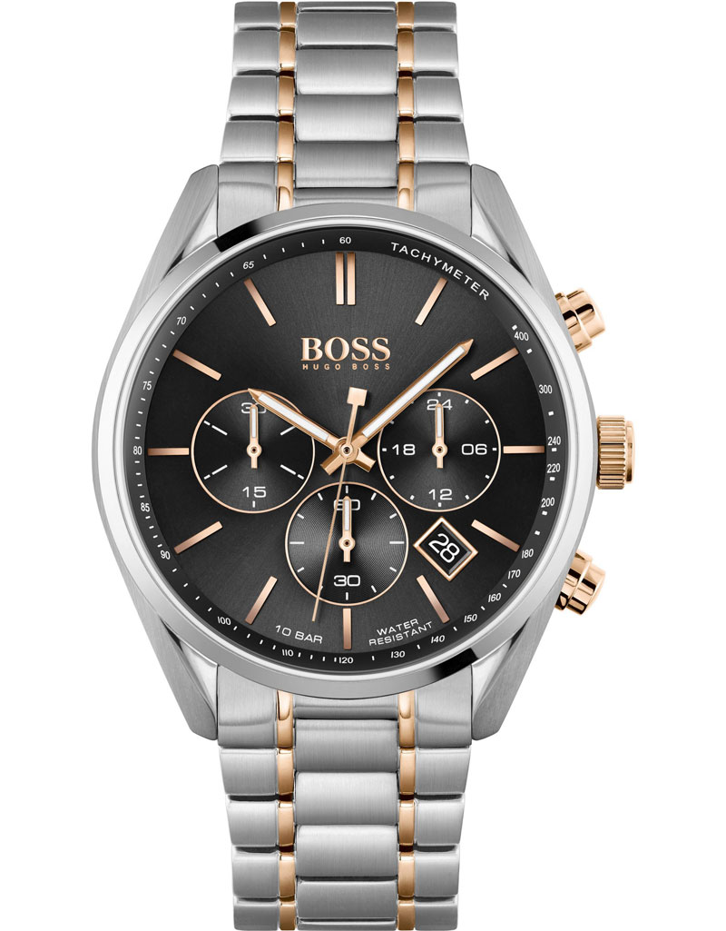 Men's Hugo Boss watch featuring a black dial, silver stainless steel bracelet, gold accents, chronograph sub-dials, and a date display at 6 o'clock.