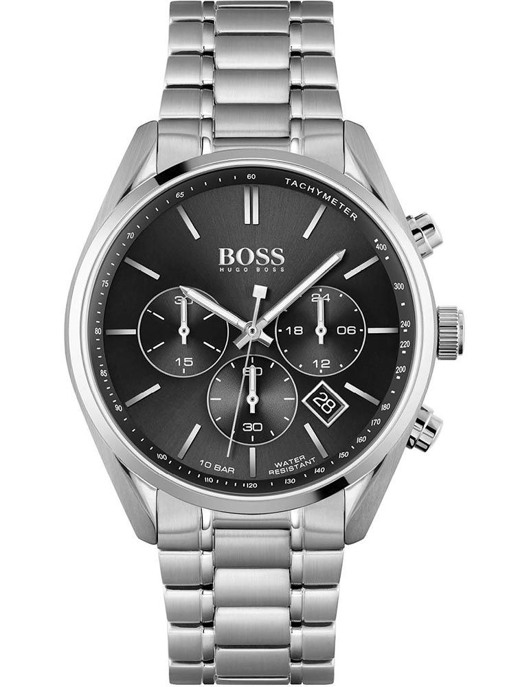 Silver stainless steel chronograph watch with a black dial, featuring three sub-dials, a date display at 6 o'clock, and a tachymeter on the bezel.