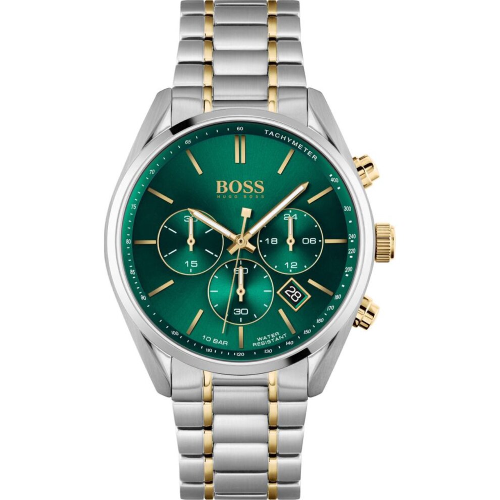 Men's Hugo Boss Champion Watch features a stainless steel bracelet, a green dial with gold-tone accents, three sub-dials, a date display, and a tachymeter bezel.