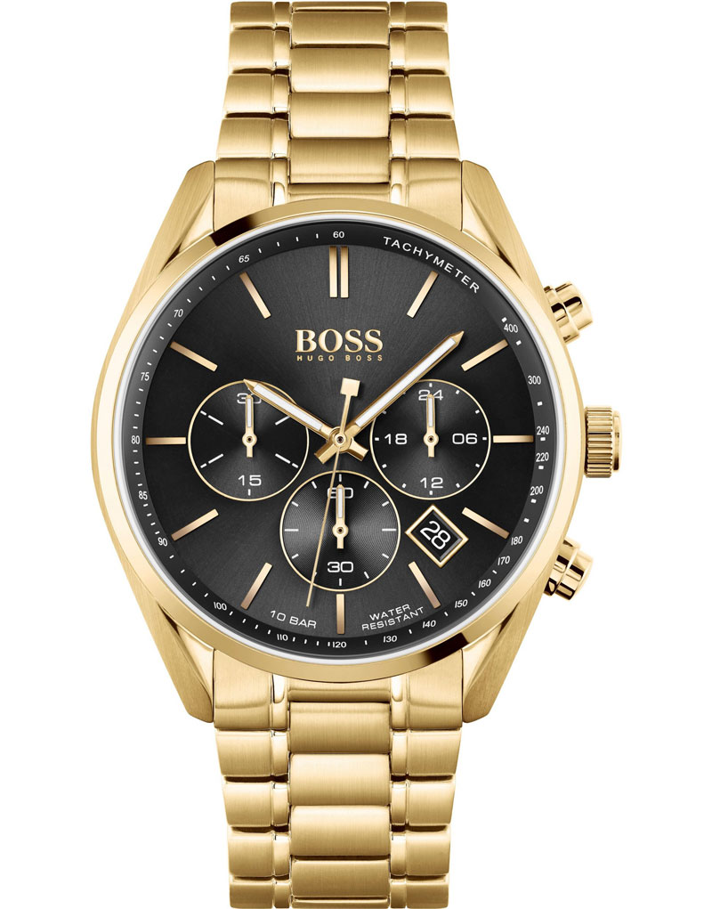 Men's Hugo Boss quartz chronograph watch featuring a black dial with gold accents, three sub-dials, a date display, and a gold stainless steel bracelet.