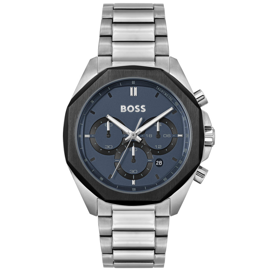 Gray stainless steel dress watch by Hugo Boss featuring a dark blue dial, three sub-dials, date display, and an octagonal case with a polished finish.