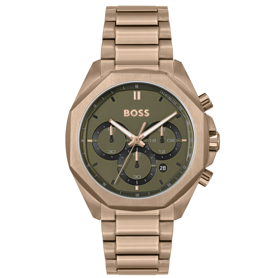 Men's Hugo Boss Cloud chronograph watch features a 44mm olive green dial, bronze steel bracelet, and three sub-dials with date display at 6 o'clock.
