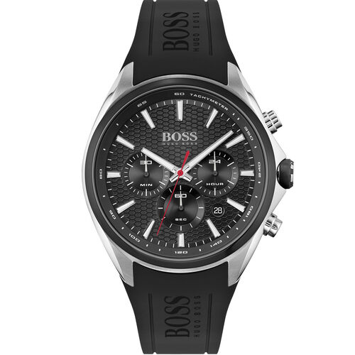Distinct black men's watch featuring a textured black dial, silver-tone stainless steel case, three sub-dials, red accents, and a black rubber strap with "BOSS" branding.