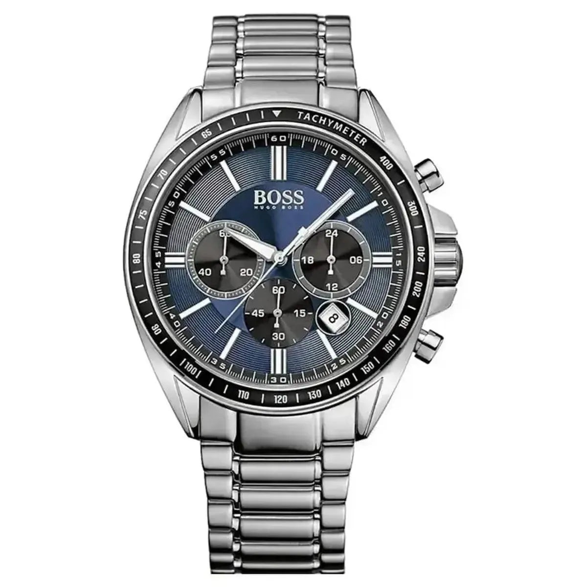Men's Hugo Boss Driver chronograph watch featuring a 44mm blue dial, stainless steel bracelet, black sub-dials, tachymeter, and date display at 6 o'clock.