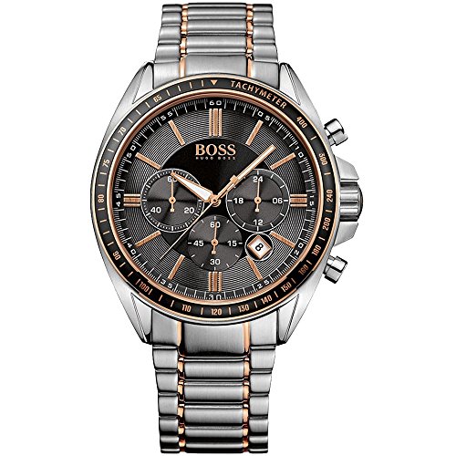 Hugo Boss Driver 1513094 men's chronograph watch features a 47mm black dial, two-tone steel bracelet, and sub-dials with a tachymeter bezel.